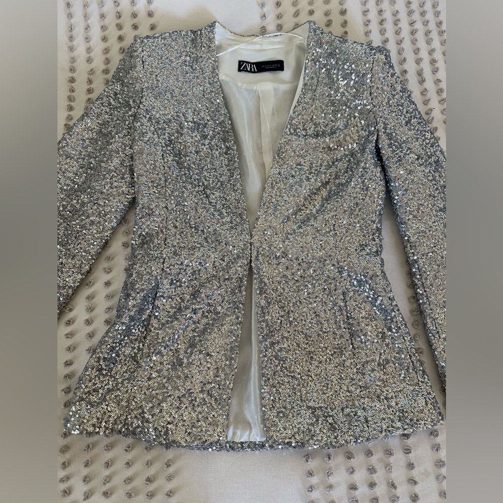 Zara Sequin Silver Women's Blazer Small